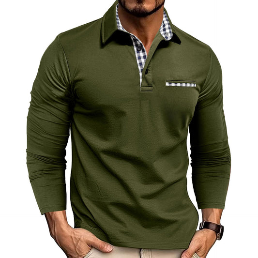 Men's casual plaid polo shirt in olive green with long sleeves and checkered collar.