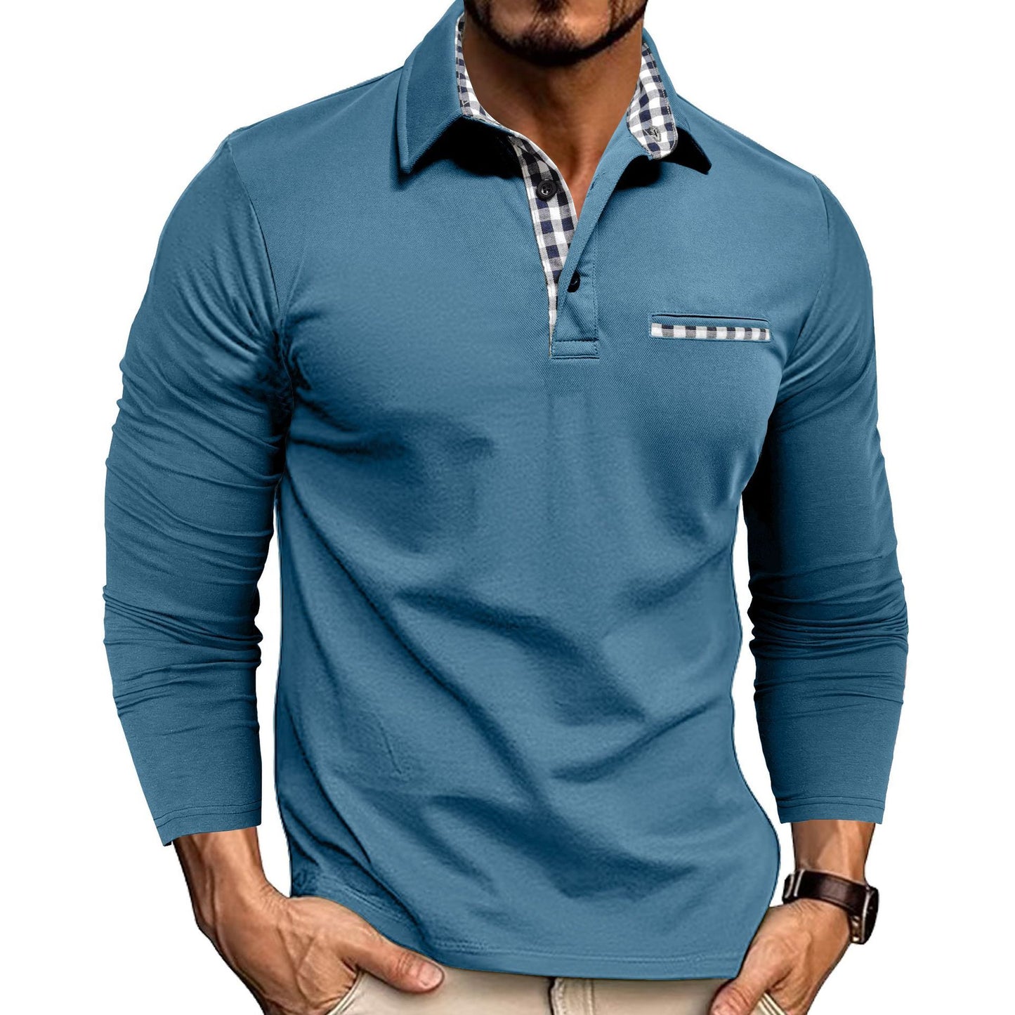 Men’s Casual Plaid Polo Shirt | Long Sleeve Solid Color Top - MegaMart USA