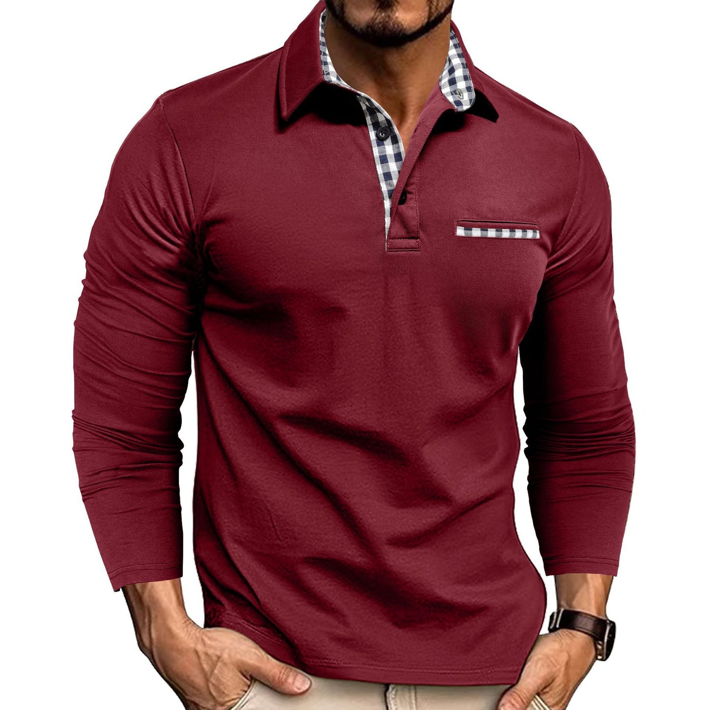 Men’s Casual Plaid Polo Shirt | Long Sleeve Solid Color Top - MegaMart USA