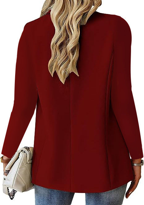 Back view of a women's lapel casual suit jacket in burgundy, designed for stylish office wear and casual outings.