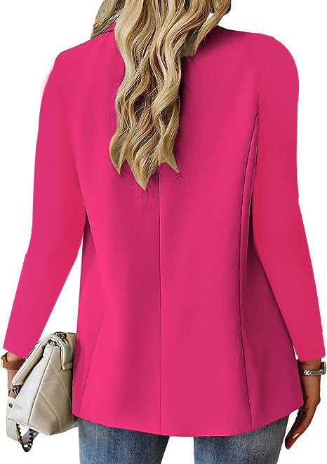 Women's lapel casual suit jacket in vibrant pink, perfect for office and casual outings.