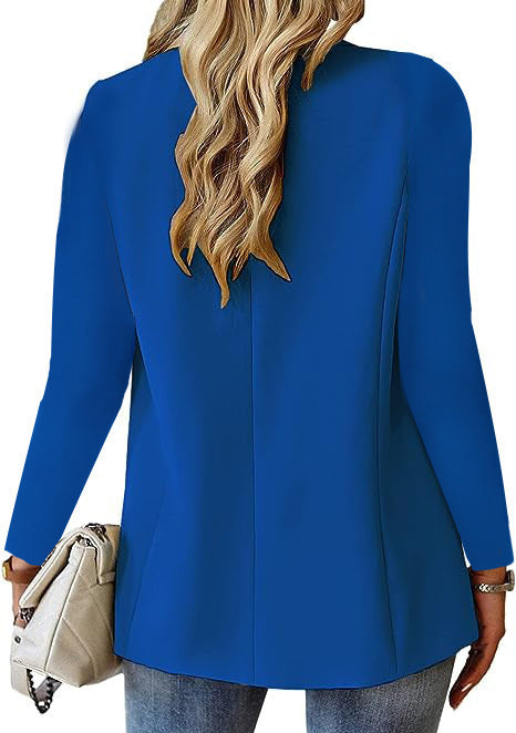 Women's lapel casual suit jacket in blue, stylish blazer for office and casual wear.