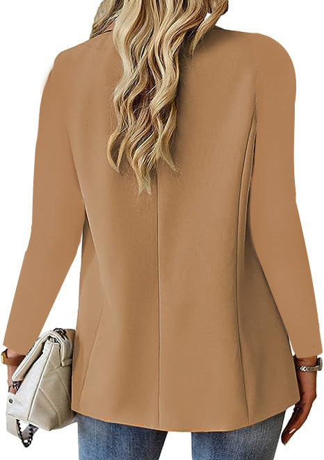 Women's lapel casual suit jacket in a stylish tan color, perfect for office wear and casual outings.
