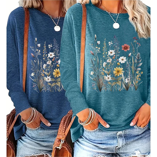 Women's Floral Graphic Long Sleeve T-Shirt (2 Pack) | Casual Boho Wildflower Tops USA - MegaMart USA