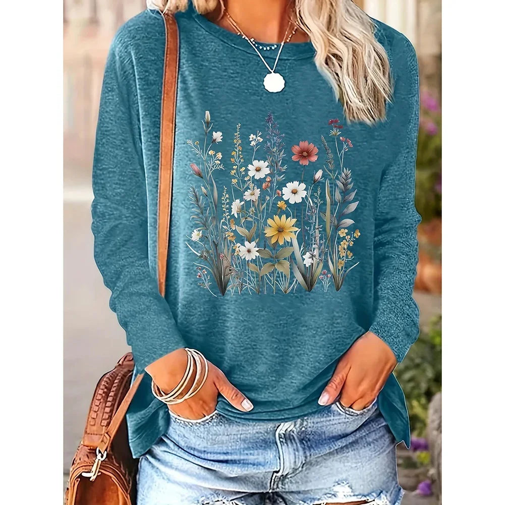 Women's Floral Graphic Long Sleeve T-Shirt (2 Pack) | Casual Boho Wildflower Tops USA - MegaMart USA