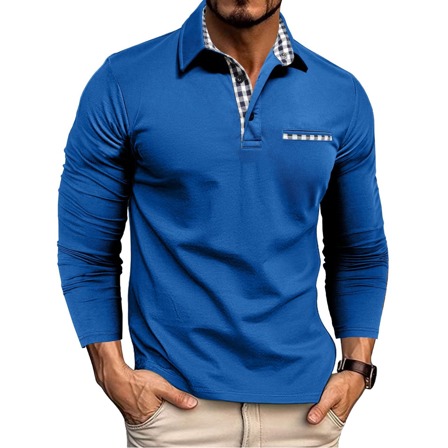 Men’s Casual Plaid Polo Shirt | Long Sleeve Solid Color Top - MegaMart USA