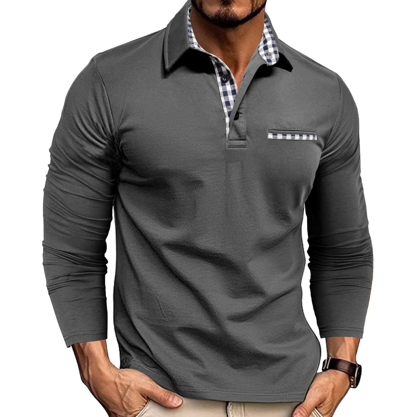 Men’s Casual Plaid Polo Shirt | Long Sleeve Solid Color Top - MegaMart USA