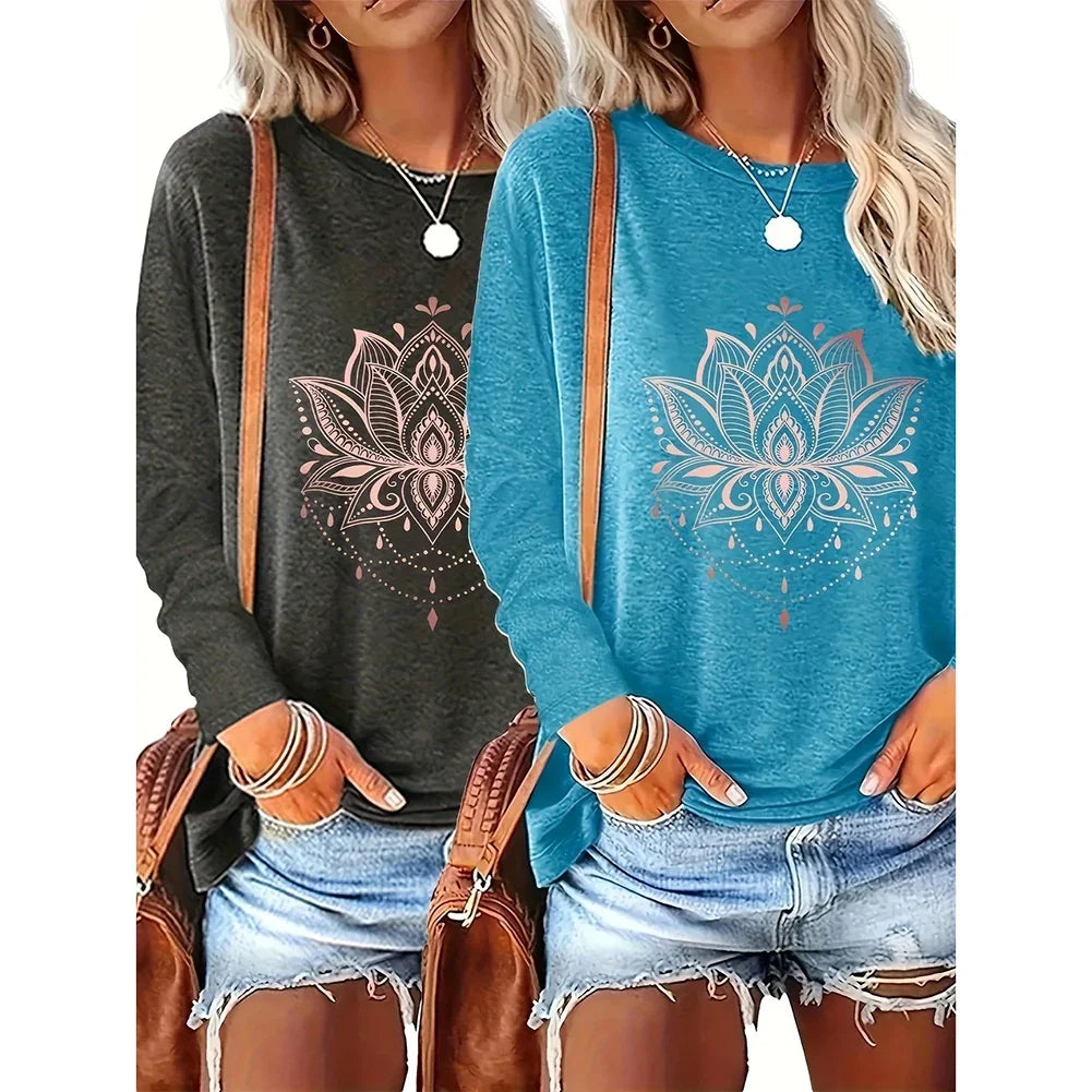 Women's Floral Graphic Long Sleeve T-Shirt (2 Pack) | Casual Boho Wildflower Tops USA - MegaMart USA
