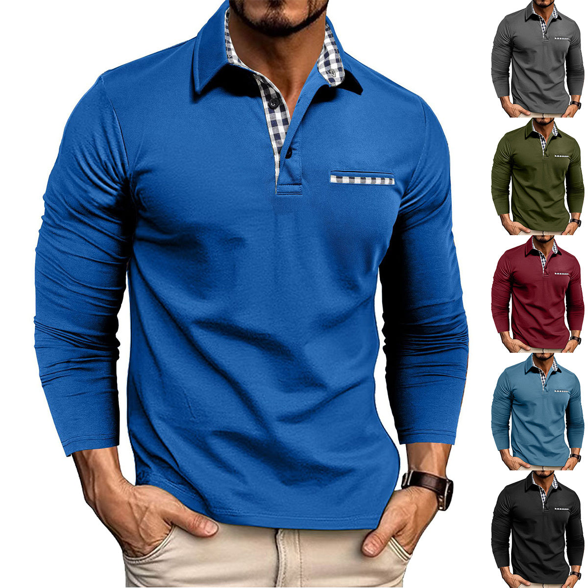 Men’s Casual Plaid Polo Shirt | Long Sleeve Solid Color Top - MegaMart USA