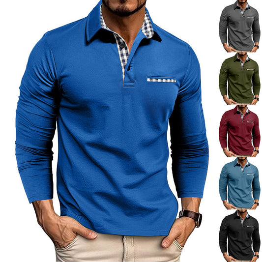 Men’s Casual Plaid Polo Shirt | Long Sleeve Solid Color Top - MegaMart USA
