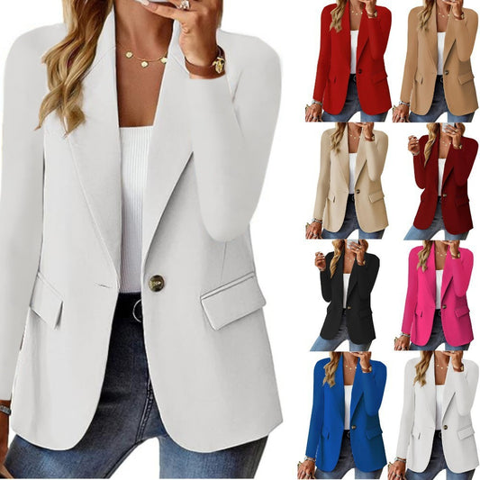 Women's lapel casual suit jacket displayed in various colors including white, red, beige, black, pink, blue.