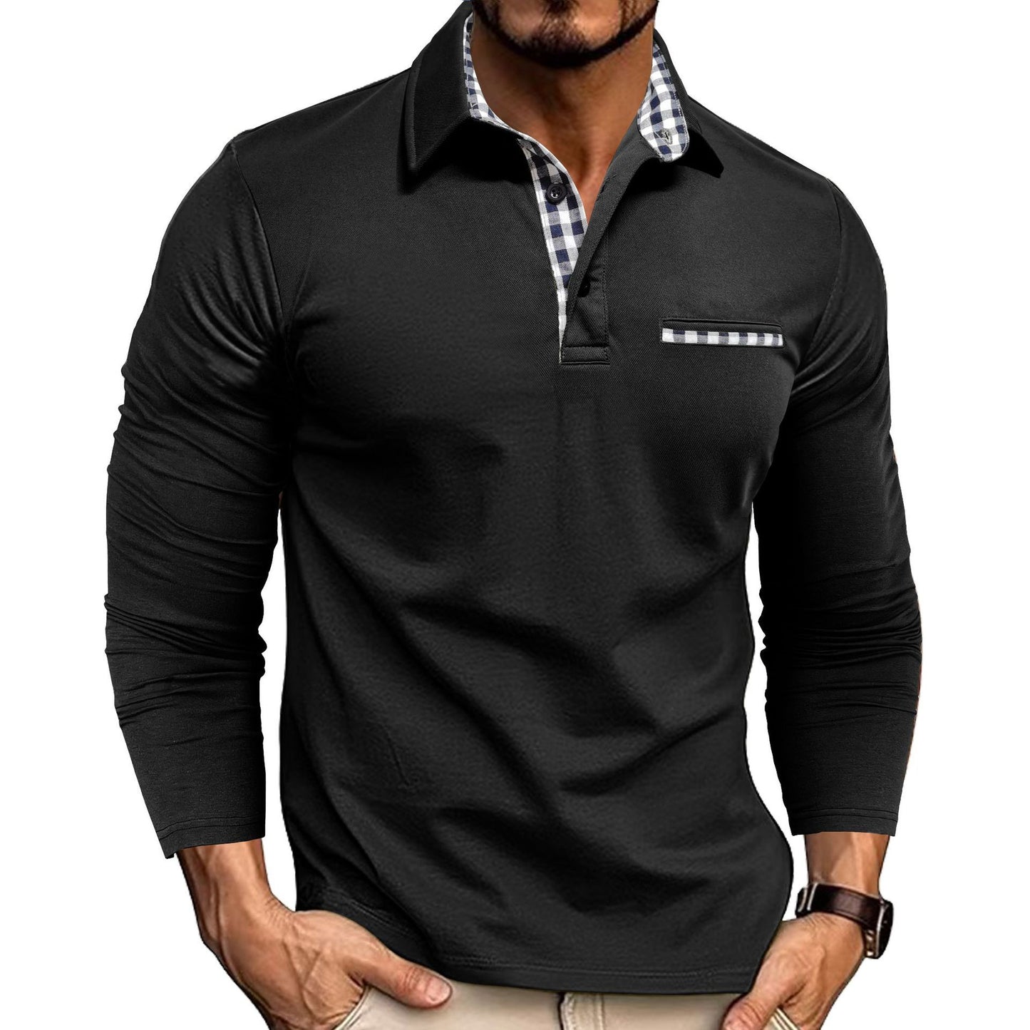 Men’s Casual Plaid Polo Shirt | Long Sleeve Solid Color Top - MegaMart USA