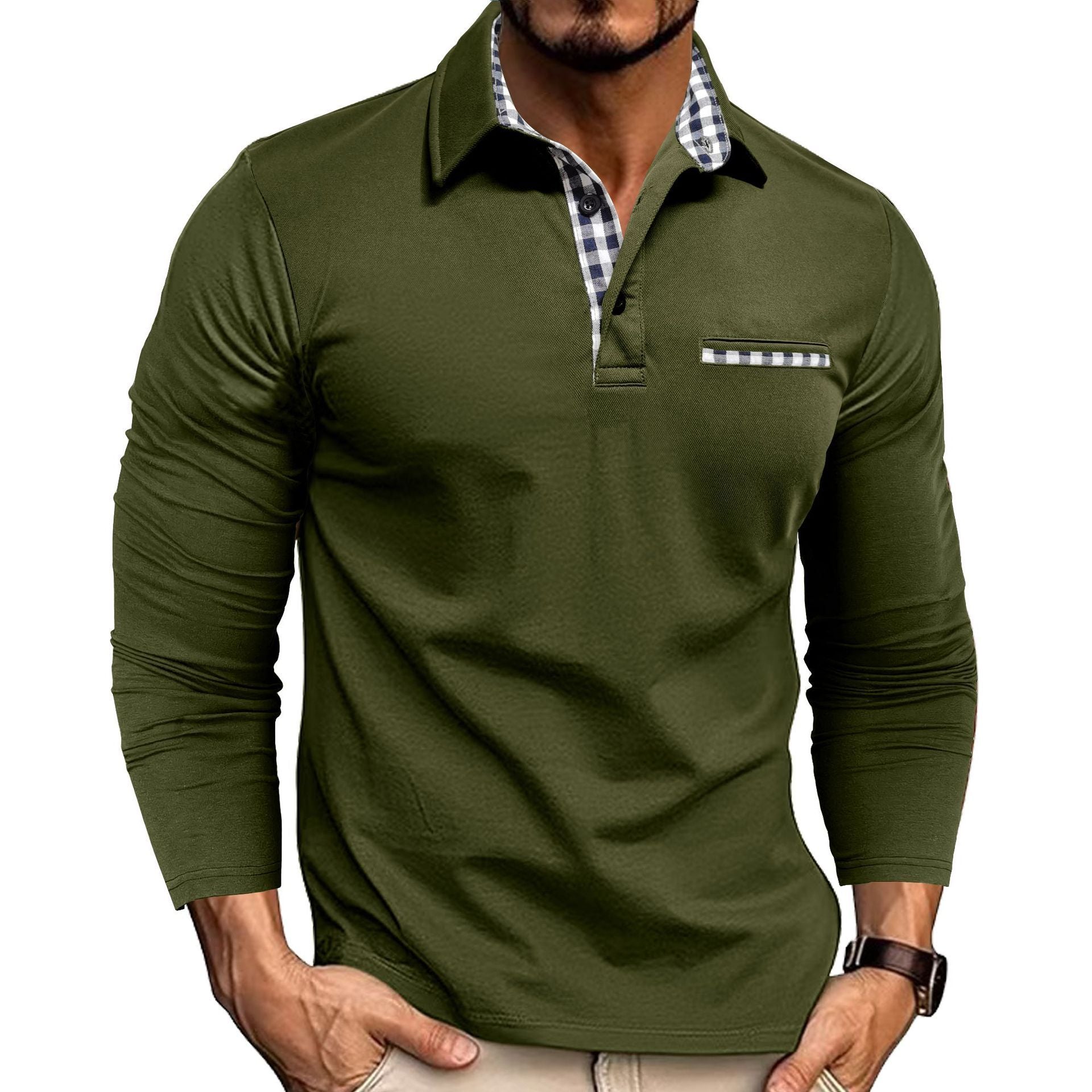 Men’s Casual Plaid Polo Shirt | Long Sleeve Solid Color Top - MegaMart USA
