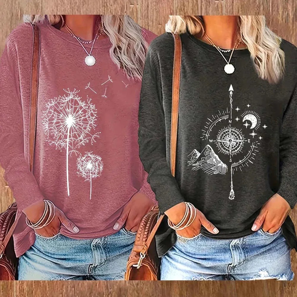 Women's Floral Graphic Long Sleeve T-Shirt (2 Pack) | Casual Boho Wildflower Tops USA - MegaMart USA